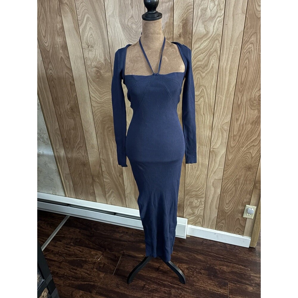 Emory Park Navy Ribbed Knit Halter Long Sleeve Maxi Dress Small Side Slit